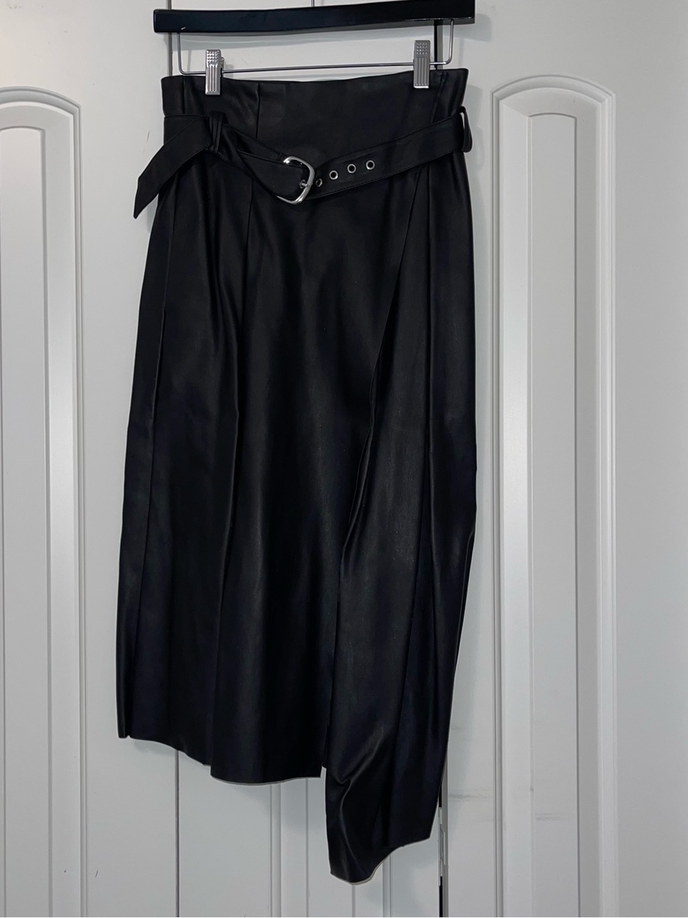 ASOS Black Faux Leather Asymmetrical Belted Midi Skirt